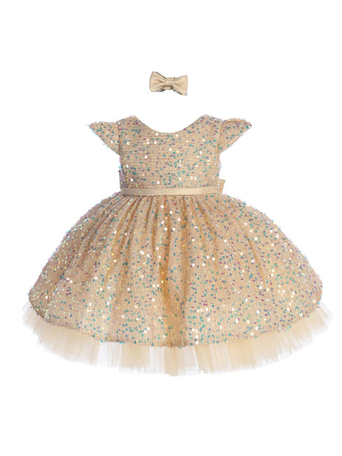 Baby Girls Gold Soft Sequin Adorned Flower Girl Dress 6-24M front - SophiasStyle.com