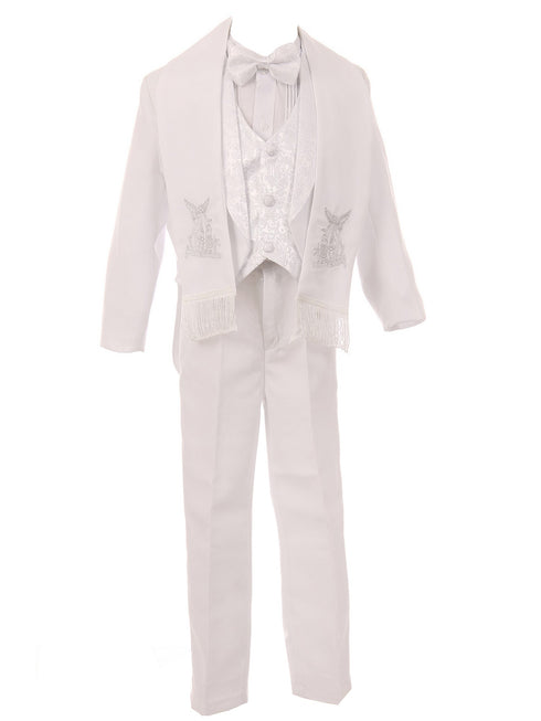 Little Boys White 6-pc Silver Angel Embroidery Baptism Tuxedo Suit 2T-7 - SophiasStyle.com