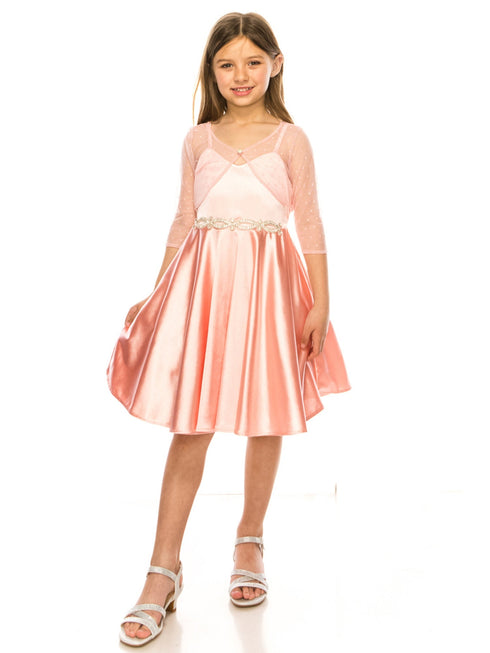 Just Kids Girls Satin Dress with Rhinestone Belt and Sheer Embroidered Bolero, Sizes 4-14 - SophiasStyle.com