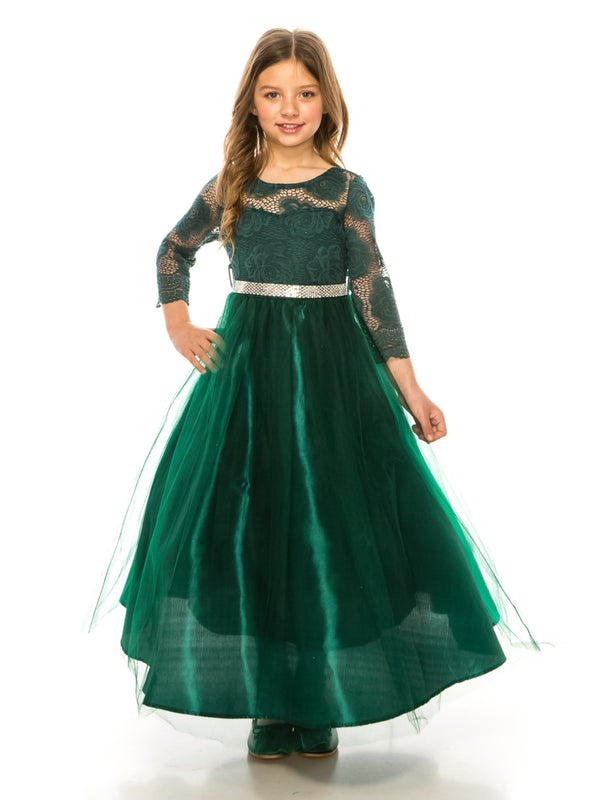 Just Kids Girls Floral Lace Illusion Dress with Metallic Belt and V-Neck Back, Sizes 4-16 - SophiasStyle.com