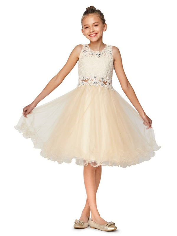 Lace Mesh Rhinestone Wired Flower Girl Dress, Sizes 4-20