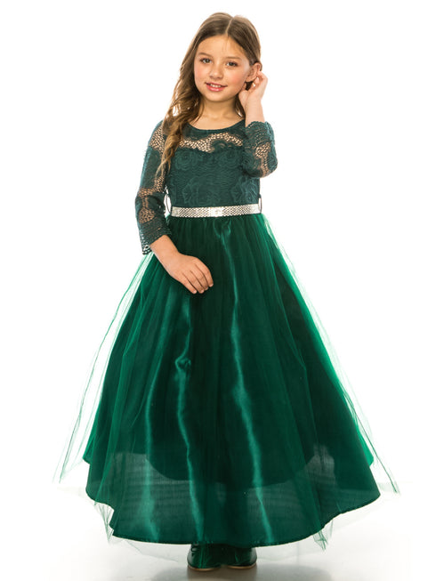 Just Kids Girls Floral Lace Illusion Dress with Metallic Belt and V-Neck Back, Sizes 4-16 - SophiasStyle.com