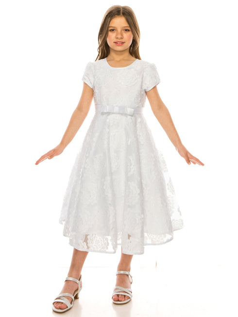 Just kids Girls Communion Dress with Floral Applique, Double Bow Waist Sash, and Satin Trim, Sizes 4-18 - SophiasStyle.com