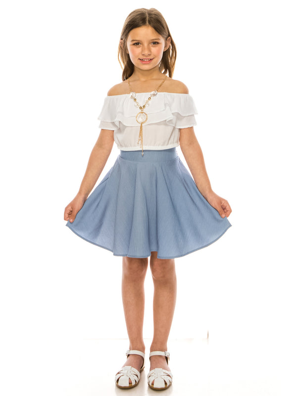 Just Kids Girls Ruffle Off Shoulder Top Denim Skirt 2 Piece Outfit with Necklace, Sizes 4-14 - SophiasStyle.com
