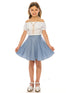 Just Kids Girls Ruffle Off Shoulder Top Denim Skirt 2 Piece Outfit with Necklace, Sizes 4-14 - SophiasStyle.com