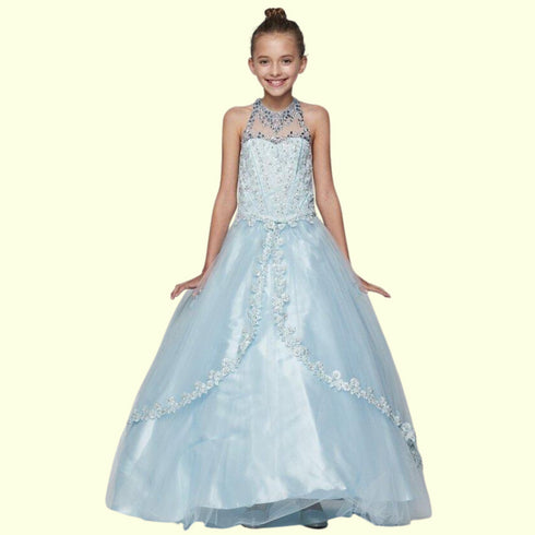 Little Girls Blue Dazzling Rhinestone Pearls Halter Neck Pageant Dress 2-6 - SophiasStyle.com