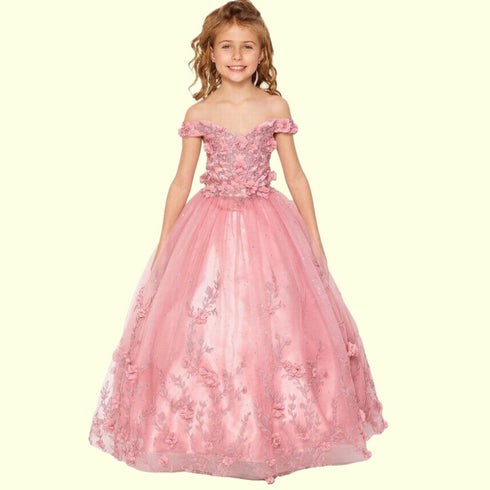 Bliss Little Girls Dusty Rose Sweetheart Off Shoulder 3D Floral Ball Gown 2-6 - SophiasStyle.com