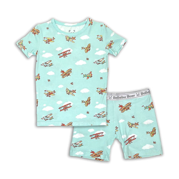 vintage-airplanes-bamboo-kids-pajama-short-set-bellabu-bear - Sophia's Style The "Easy Two-Piecey"-1