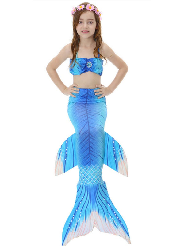 Girls Blue Stripe Fish Tail 3 Piece Swimsuit 2-9 - SophiasStyle.com
