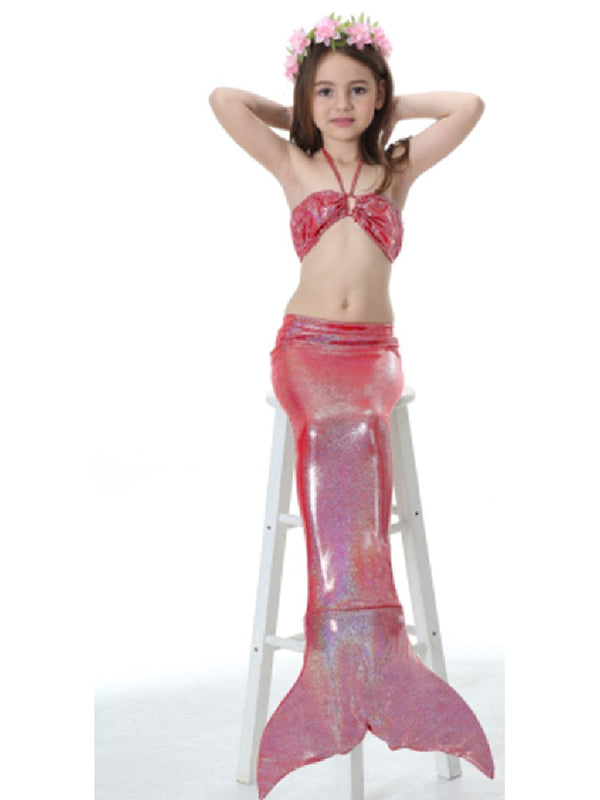 Girls Red Shinny Mermaid Tail 3 Pieces Swimsuit Set 2-9 - SophiasStyle.com