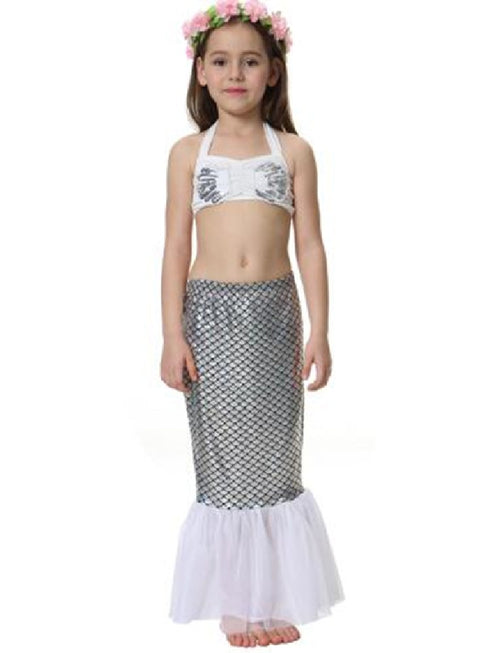 Girls Silver White Scales Sequins 3 Pieces Swimsuit Set 2-9 - SophiasStyle.com