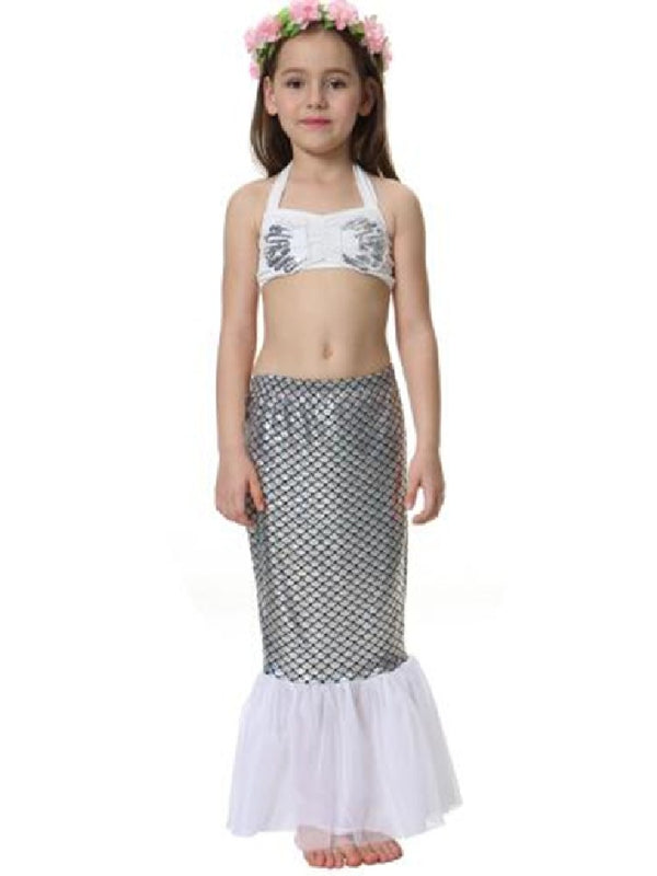 Girls Silver White Scales Sequins 3 Pieces Swimsuit Set 2-9 - SophiasStyle.com