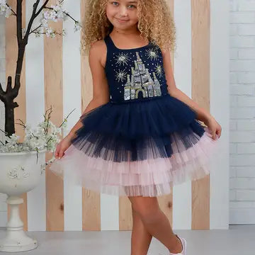 Girls Navy Pink Wishes Castle Tutu Dress 12M-14