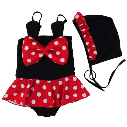 Little Girls Red Black Polka Dot Bow Mickey Cap Swimsuit 2T-7 - SophiasStyle.com