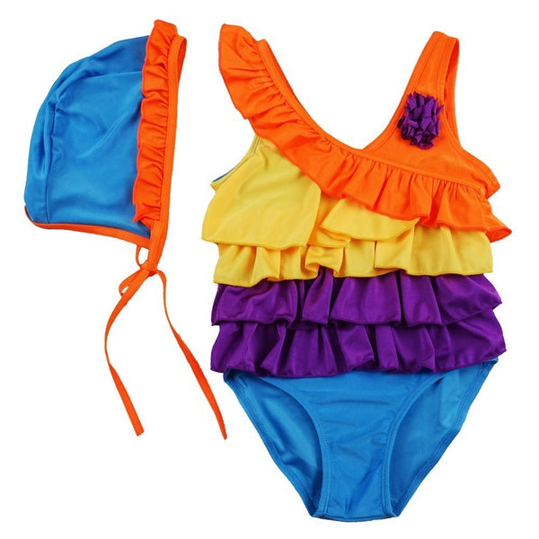 Little Girls Multi Color Rainbow Ruffle Trim Cap Swimsuit 2T-7 - SophiasStyle.com