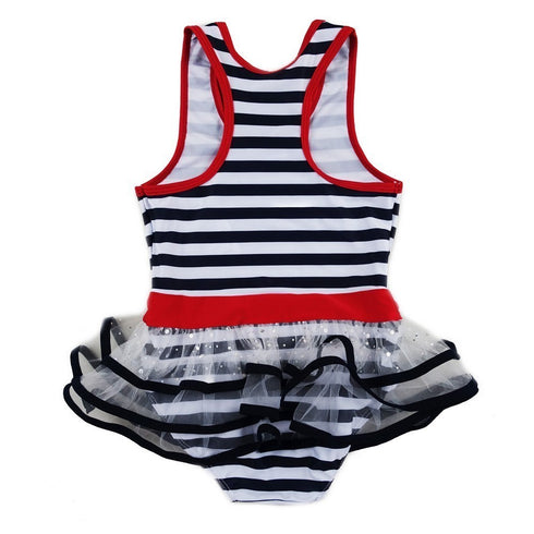 Little Girls Navy White Stripe Skirted One Piece Swimsuit 2T-7 - SophiasStyle.com
