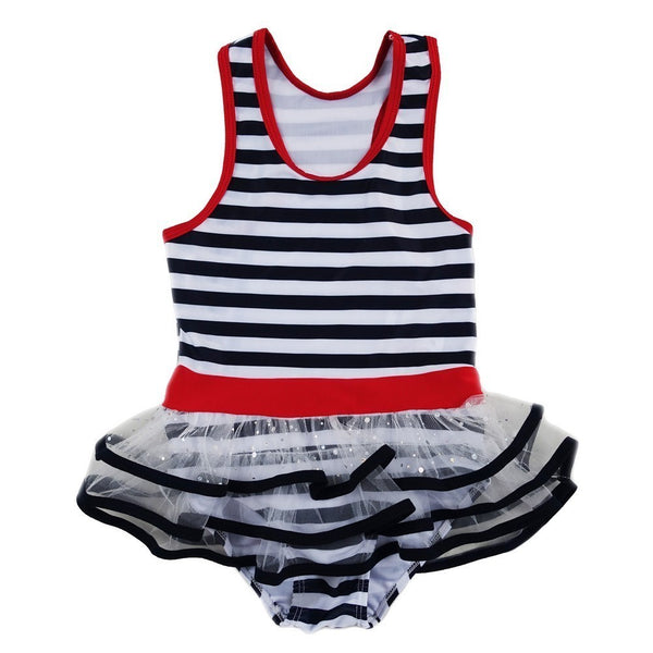 Little Girls Navy White Stripe Skirted One Piece Swimsuit 2T-7 - SophiasStyle.com