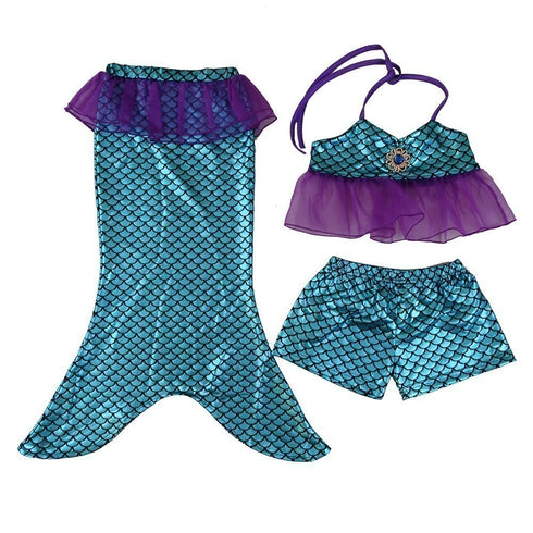 Little Girls Blue Mermaid Tail Top Shorts 3 Pc Swim Set 2T-7 - SophiasStyle.com