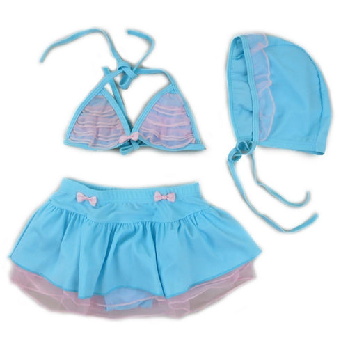 Little Girls Blue Pink Lace Trim Cap 3 Pc Swimming Set 2T-7 - SophiasStyle.com