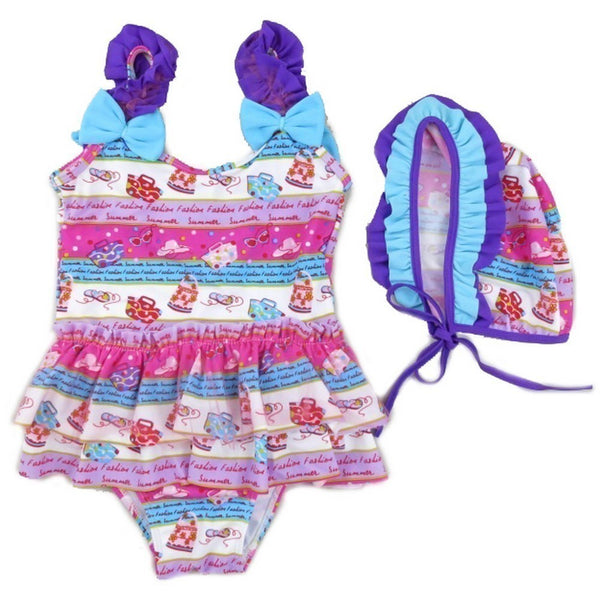 Little Girls Purple Blue Fashion Print Ruffle Cap Swimsuit 2T-7 - SophiasStyle.com