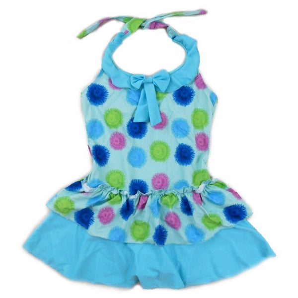Little Girls Blue Multi Flower Ruffle One Piece Swimsuit 2T-7 - SophiasStyle.com