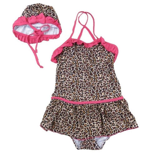 Little Girls Brown Leopard Print Ruffle Trim Cap Swimsuit 2T-7 - SophiasStyle.com