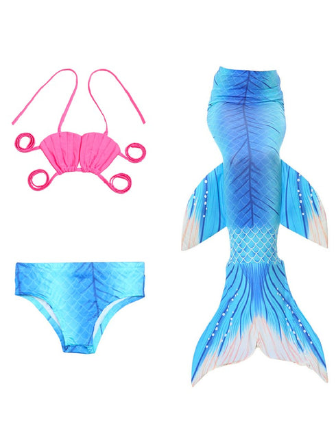 Girls Blue Stripe Fuchsia Shell Fish Tail 3 Pc Swimsuit Set 2-9 - SophiasStyle.com