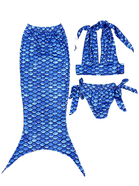 Girls Blue Scales Mermaid Tail 3 Pcs Swimsuit Set 2-9 - SophiasStyle.com