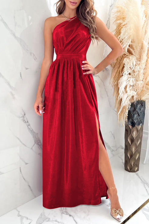 one-shoulder-slit-ruched-maxi-dress Sophia's Trends - Sophia's Style-Red-S