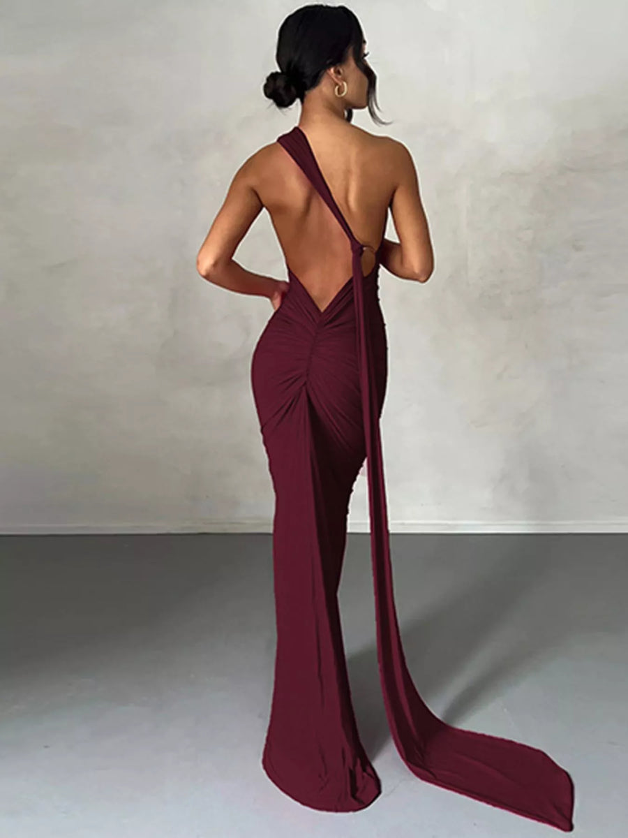 chinese dress ladies Backless Pleated Slim Fit Solid Color Sleeveless Maxi Dress
