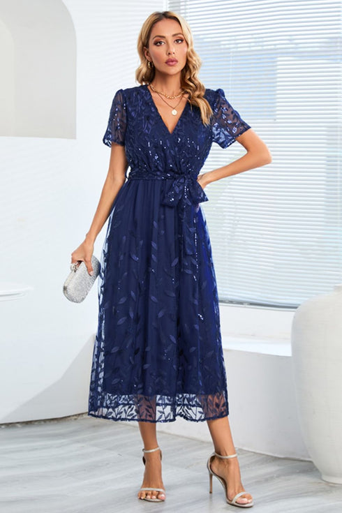 sequin-leaf-embroidery-tie-front-short-sleeve-dress Sophia's Trends - Sophia's Style-Dark Blue-S