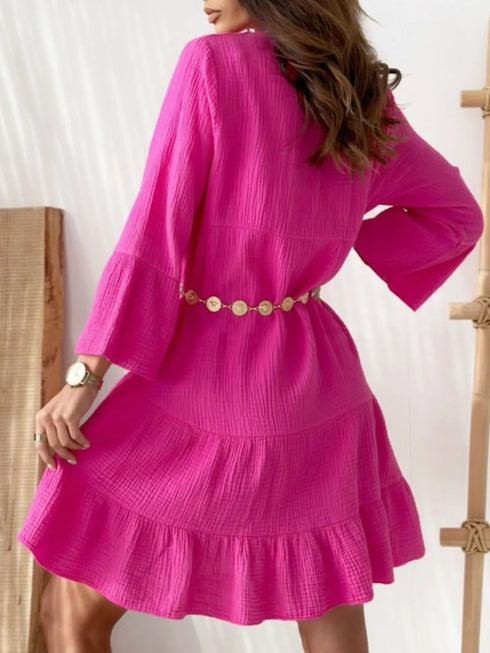 button-detail-notched-long-sleeve-dress OhSoStyled - Sophia's Style in Hot Pink-10