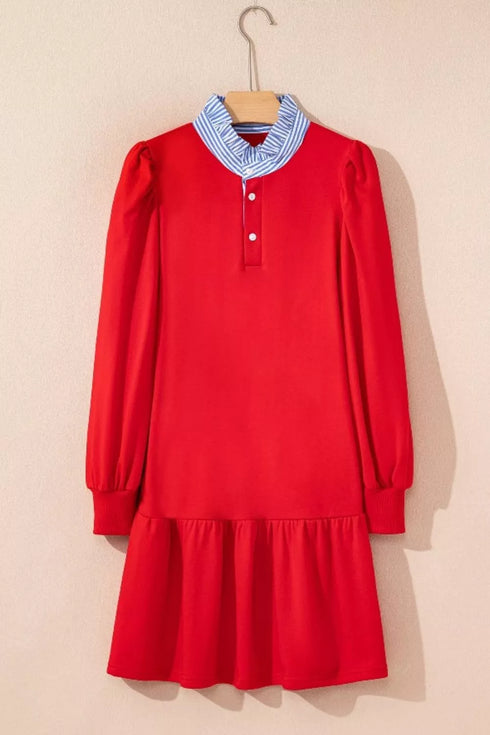 contrast-striped-collar-patchwork-puff-sleeve-ruffle-hem-mini-dress-OhSoStyled-Sophia's-Style-2