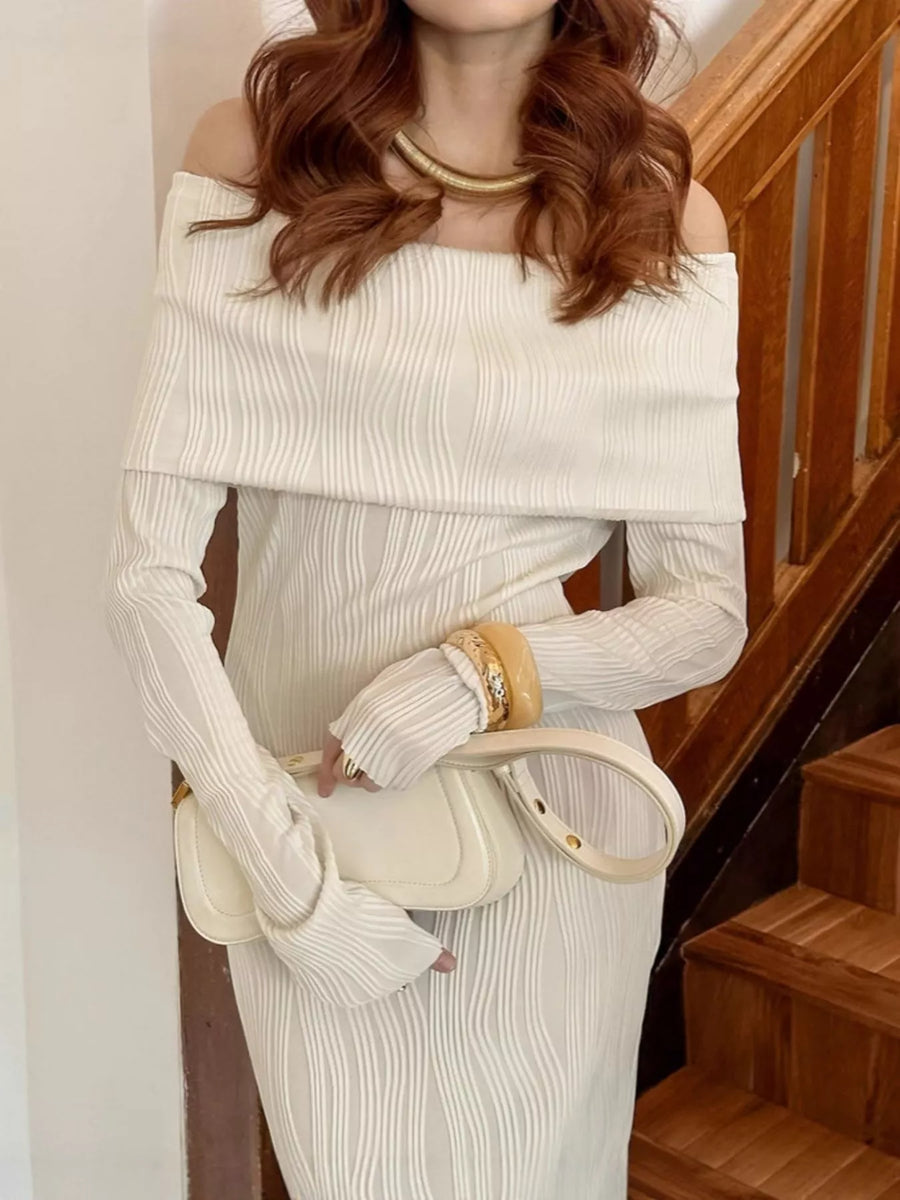 off the shoulder knit maxi dress Off-Shoulder Textured from OhSoStyled at Sophia's Style Ivory / L Light Blue Knit Off This dress is designed Material-Satin Color:Light peach