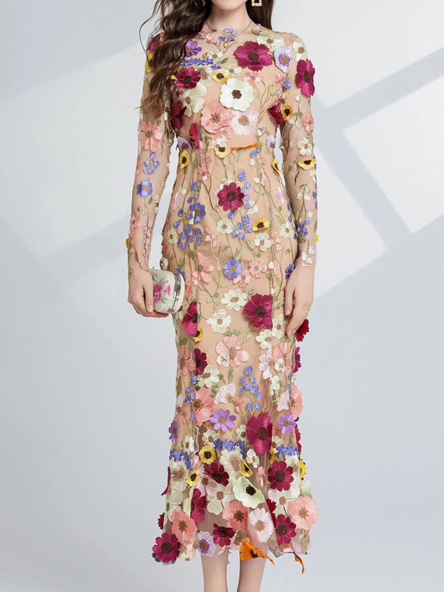Floral Embroidered Mesh Long Sleeve Midi Dress from OhSoStyled at Sophia's Style Yellow / S