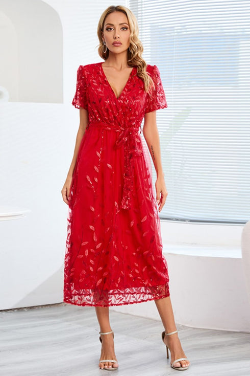 sequin-leaf-embroidery-tie-front-short-sleeve-dress Sophia's Trends - Sophia's Style--