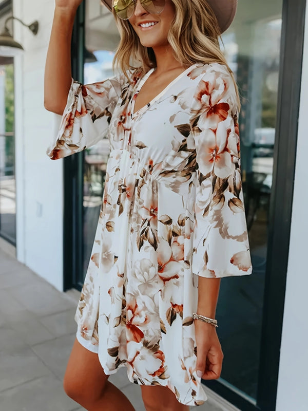 floral-v-neck-three-quarter-sleeve-mini-dress OhSoStyled - Sophia's Style-1