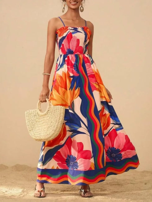 smocked-printed-spaghetti-strap-maxi-summer-dress-OhSoStyled-Sophia's-Style-1