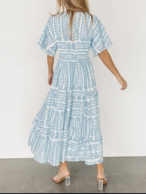 ruched-printed-v-neck-half-sleeve-midi-dress OhSoStyled - Sophia's Style in Light Blue-12