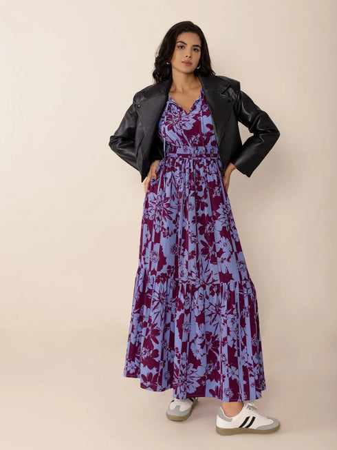 printed-tie-neck-balloon-sleeve-maxi-dress OhSoStyled at Sophia's Style-2