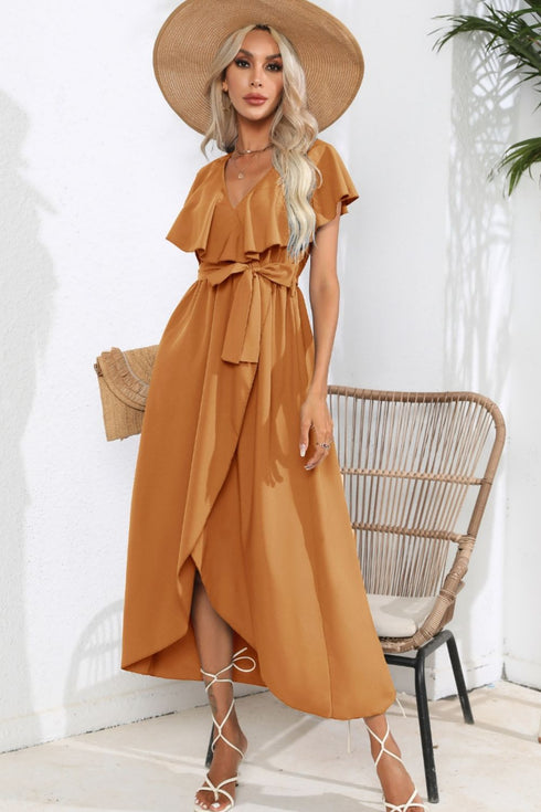 ruffled-tied-v-neck-midi-dress Sophia's Trends - Sophia's Style-Caramel-XL