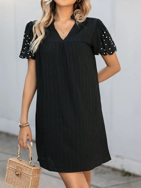 textured-v-neck-short-sleeve-mini-dress OhSoStyled - Sophia's Style in Black-2