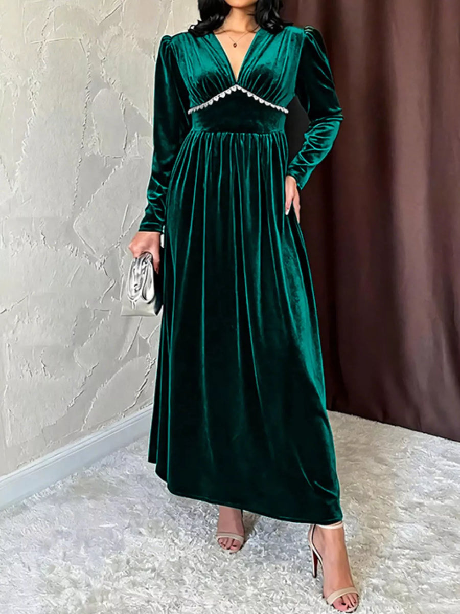 long sleeve v neck velvet dress V-Neck Maxi at Sophia's Style Green / M Versatile Style ANTHA | Flowy A-line Size:22-24/3X MATERIAL_Chiffon