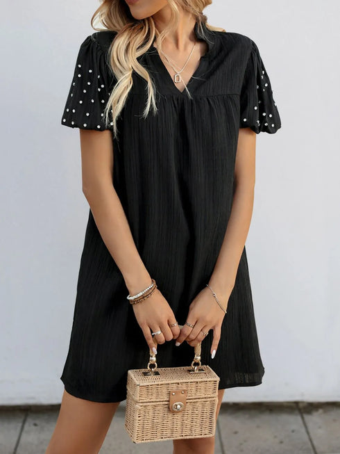 textured-v-neck-short-sleeve-mini-dress OhSoStyled - Sophia's Style in Black-3