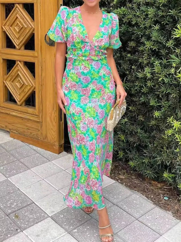 floral-print-v-neck-puff-sleeve-midi-dress-OhSoStyled-Sophia's-Style-1