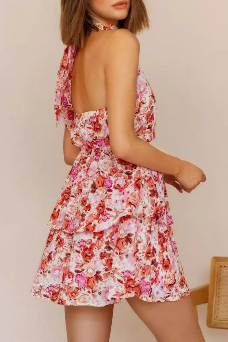 slim fit dress slacks Motel Motya Flocked Rose Print Halter Neck Dress in Black main image 0