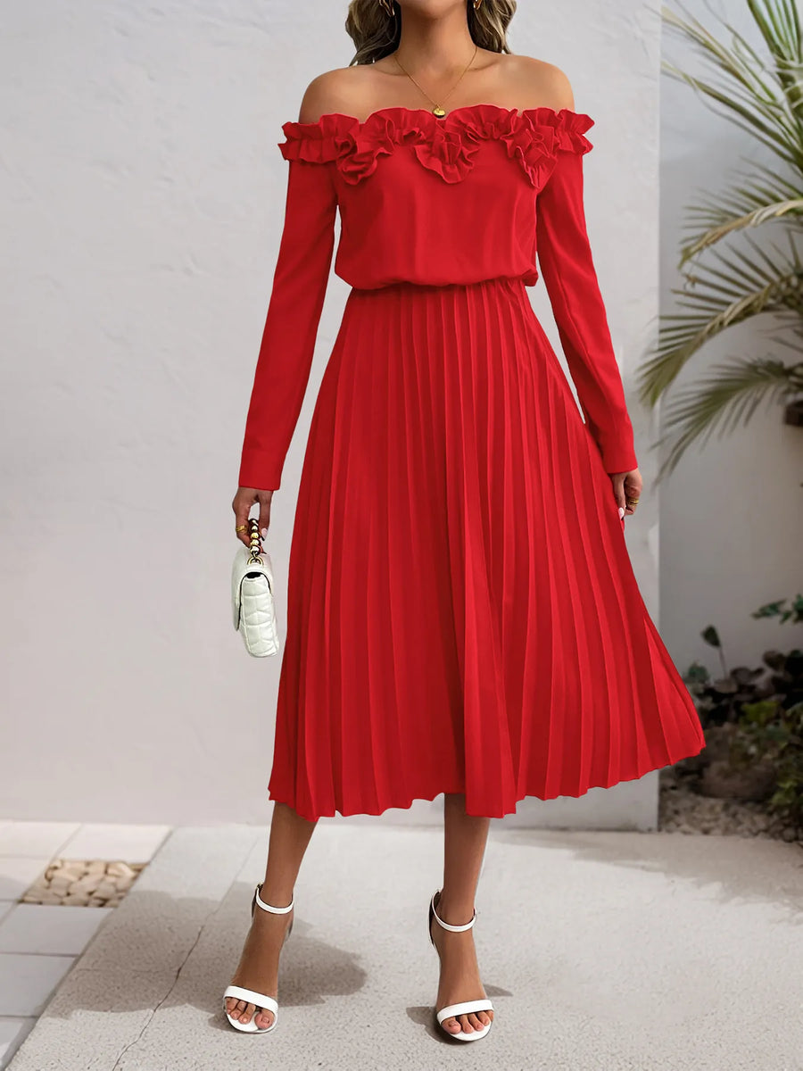 off shoulder pleated midi dress Blue Pleated Off Shoulder Flounce Maternity Midi Dress
