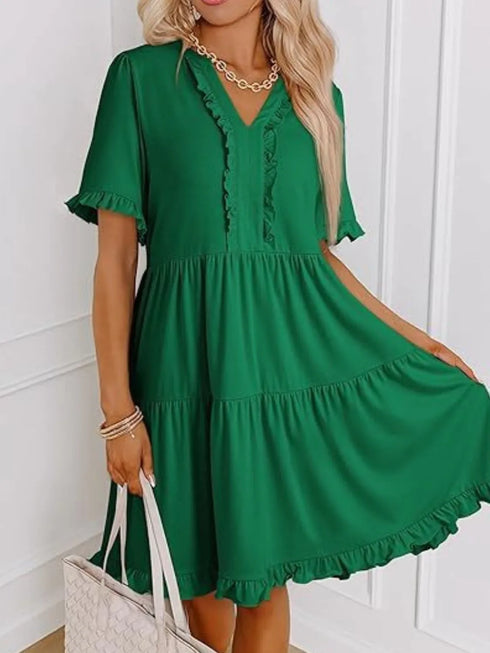 tiered-notched-short-sleeve-mini-dress OhSoStyled - Sophia's Style in Dark Green-2