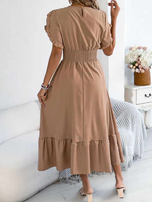 smocked-frill-round-neck-midi-dress OhSoStyled - Sophia's Style in Camel-9