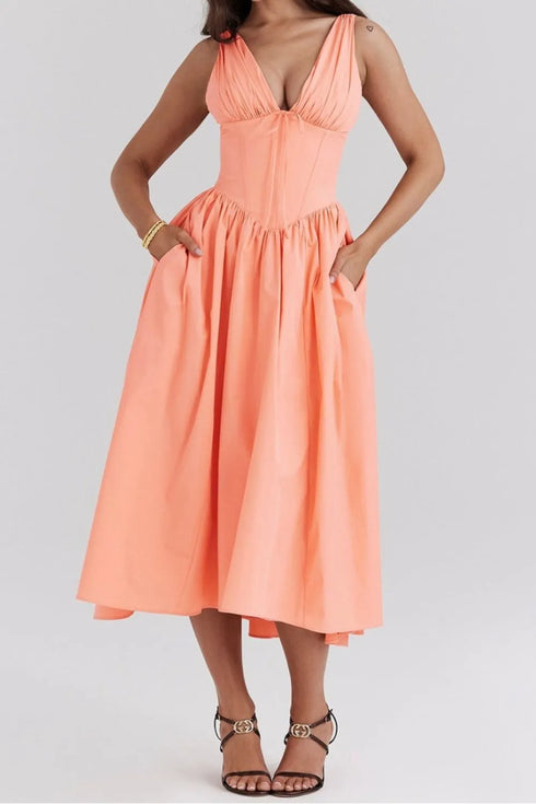 ruched-v-neck-sleeveless-dress-with-pockets OhSoStyled at Sophia's Style-18